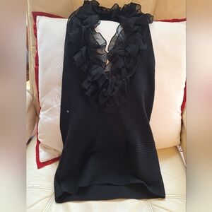 Cache Black Knit Silk Halter Top With Ruffles, Size Medium